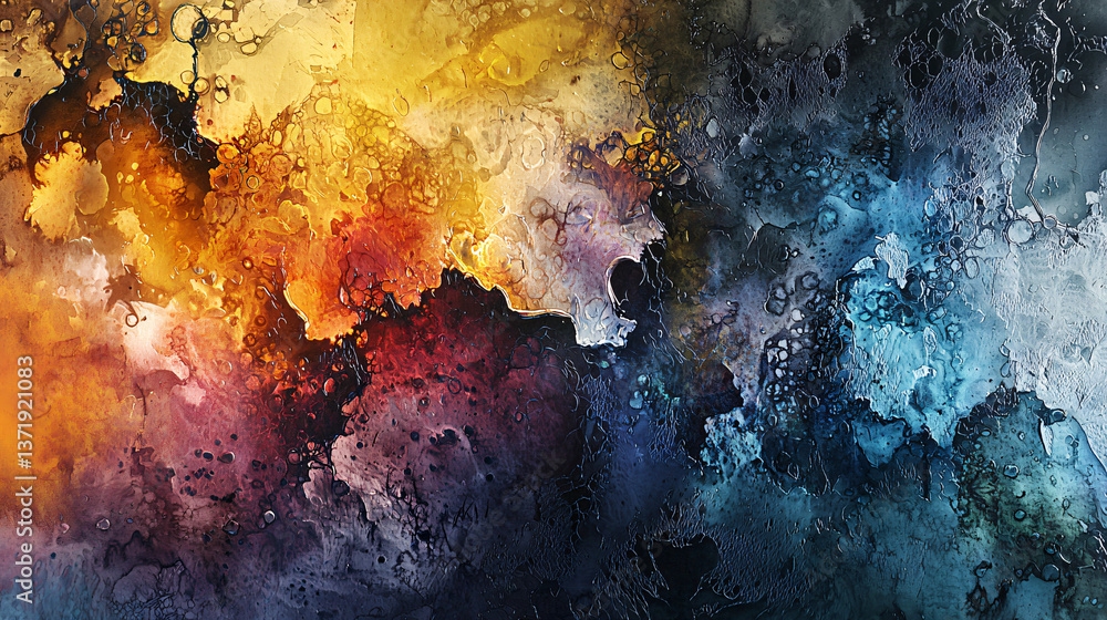 Poster eye-catching colorful abstract painting set in a surreal dreamlike fractured reality with volumetric