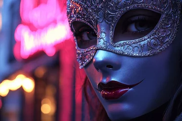 "Dancers in costumes of fantasy creatures with feathers, horns and shiny elements during a carnival show"