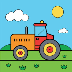 Colored tractor plowing field coloring page. 