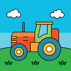 Colored tractor plowing field coloring page. 