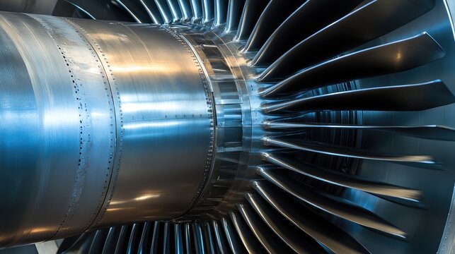 A close-up of high-speed jet engine fan blades with metallic reflections. - Powered by Adobe