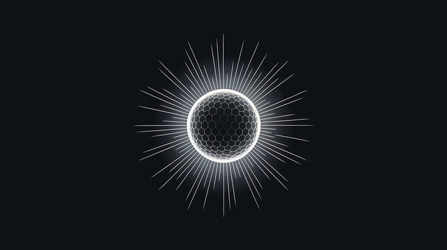 Abstract glowing hexagonal sphere radiating light rays on a dark background