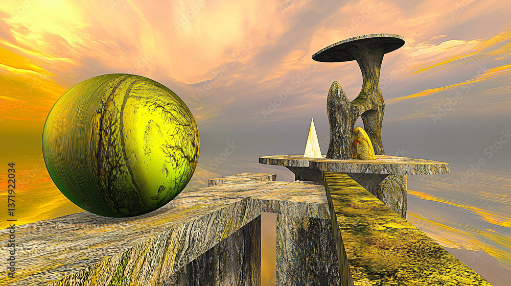 Poster surreal green ball floating above a tranquil dock surrounded by a dreamlike atmosphere and gravity-d