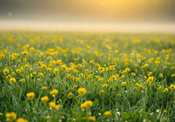 Fototapeta premium Serene Sunrise Meadow Dew-Kissed Yellow Flowers in Golden Light
