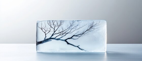 Frozen tree branch in ice block