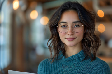 A young woman with wavy hair and glasses, smiling warmly while holding a laptop in a cozy, well-lit café.