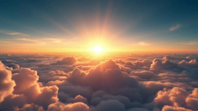 Peaceful sunrise above the clouds animation with warm golden light and soft sky gradients, perfect for inspirational, nature, dreamscape, or atmospheric video backgrounds and cinematic scenes
