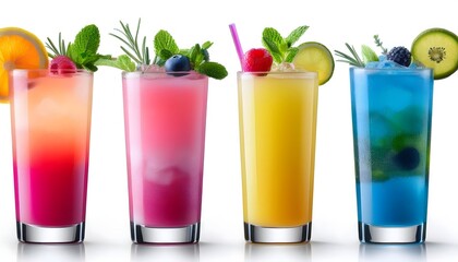 Colorful Mocktails- A set of layered mocktails with vibrant colors like pink, blue, and yellow on isolated white background