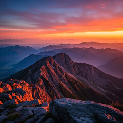 Obraz premium Colorful sunset over dramatic peaks