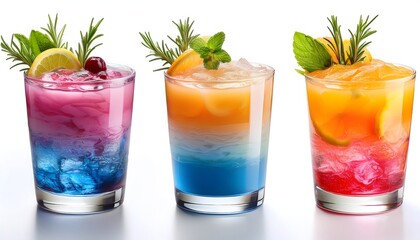 Colorful Mocktails- A set of layered mocktails with vibrant colors like pink, blue, and yellow on isolated white background