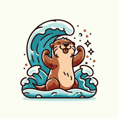 Happy surfing otter riding a wave mascot logo vector illustration for water sports