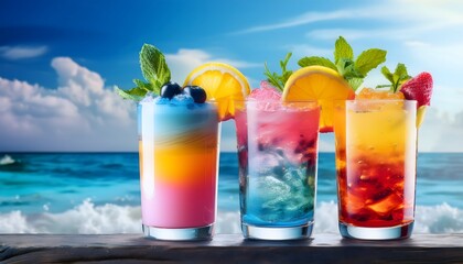 Colorful Mocktails- A set of layered mocktails with vibrant colors like pink, blue, and yellow, blue sky and sea in backdrop