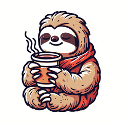 Cute sloth holding a warm coffee cup vector illustration logo for relaxation and coffee lovers