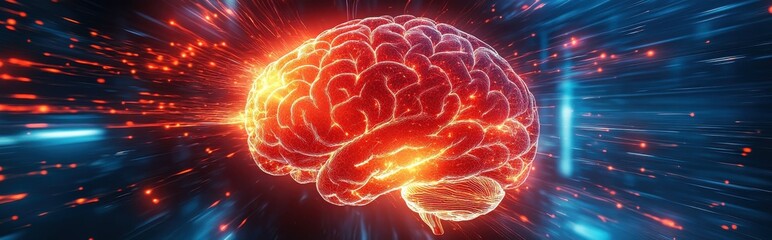 Futuristic brain made of glowing lines radiates neural energy, representing artificial intelligence, cognition, and brainpower.