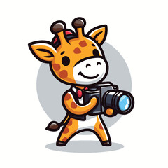 Happy giraffe holding a camera mascot logo vector illustration for photography and travel branding