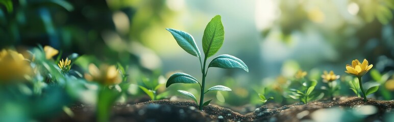 A young plant sprouting from fertile soil, bathed in soft sunlight, symbolizing growth, renewal, and the beginning of life.