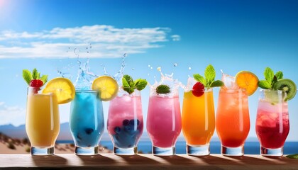 Colorful Mocktails- A set of layered mocktails with vibrant colors like pink, blue, and yellow_desert in backdrop