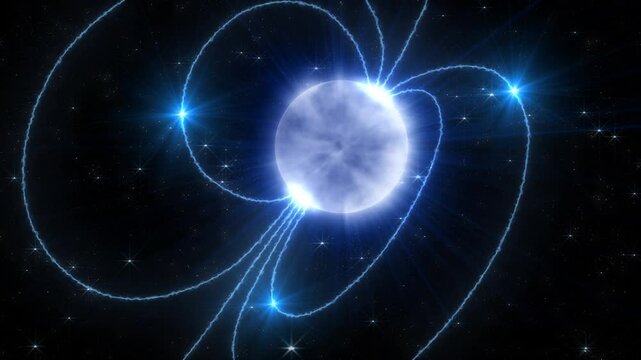 Abstract scientific animation of an magnetar neutron star with rays and intense magnetic field lines in deep space, emitting intense magnetic radiation against a twinkling star background