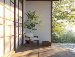 japanese-style veranda, wooden engawa flooring, sliding shoji doors, views of a zen garden, comfortable seating, relaxing outdoor space, connection with nature.