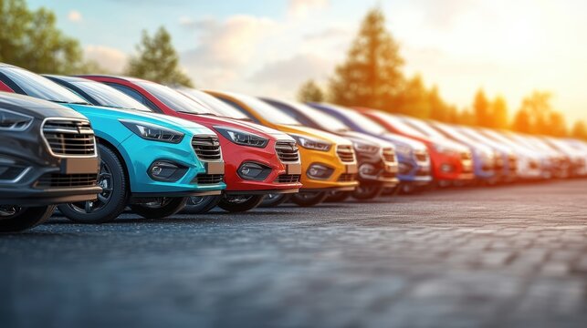 A variety of used cars in a row with attractive financing options displayed in front of the dealership.