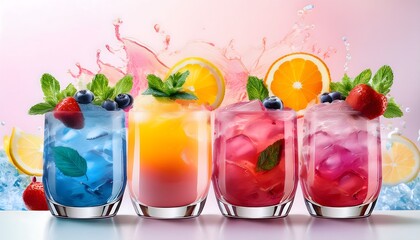Colorful Mocktails- A set of layered mocktails with vibrant colors like pink, blue, and yellow