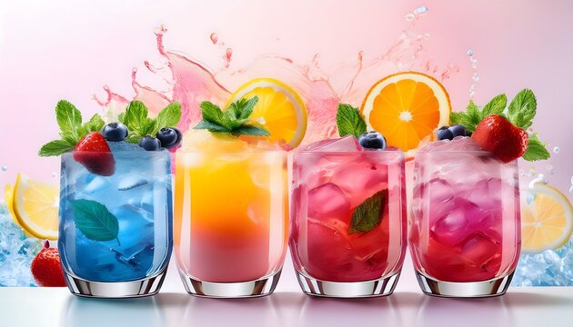 Colorful Mocktails- A set of layered mocktails with vibrant colors like pink, blue, and yellow