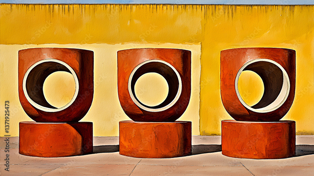 Poster striking arrangement of three red vases on a wall creating a dreamlike and surreal visual aesthetic 