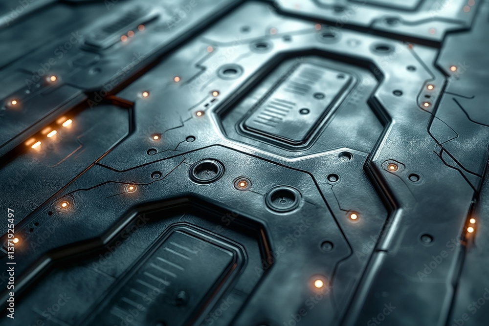 Poster close-up of a futuristic, textured surface with glowing elements, showcasing a blend of sleek design