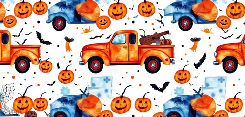 Obraz premium Whimsical Halloween watercolor truck pattern in blue & orange on white Plenty of space for design, spider, design element