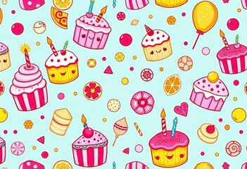 Whimsical hand-drawn cake party pattern, vibrant colors, cute decorations, repeat, illustration