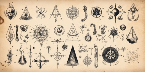 Collection of esoteric symbols and mystical alchemical icons in vintage style