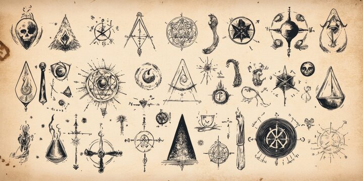 Collection of esoteric symbols and mystical alchemical icons in vintage style