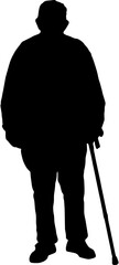 Black vector silhouette of a an old man walks using a cane