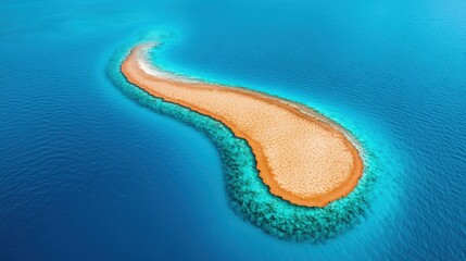 Aerial view of a unique, elongated sandy island surrounded by vibrant turquoise waters, creating a stunning natural contrast.