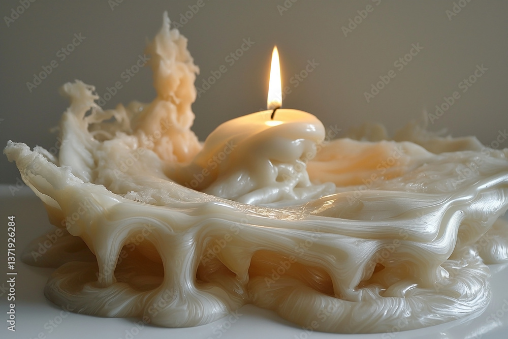 Poster a serene candle with dripping wax creating a beautiful, abstract pattern in soft beige tones.