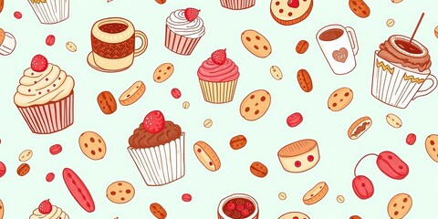 Whimsical hand-drawn seamless pattern featuring cupcakes, coffee cups, and cookies Perfect for bakery packaging, cookies, decor