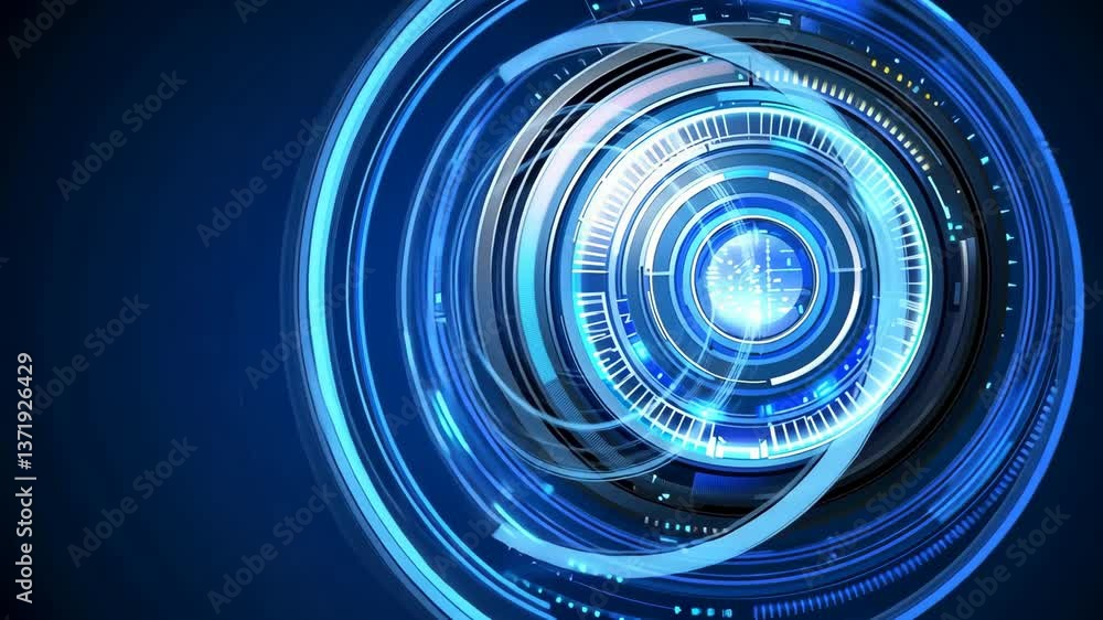 Poster abstract digital design featuring blue circular patterns and glowing elements in a futuristic style