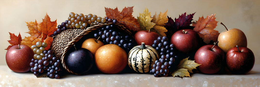 Autumn Harvest Still Life with Apples Grapes and Gourd