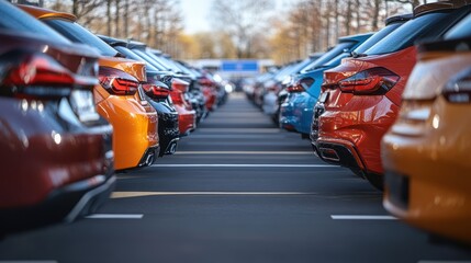 Fototapeta premium Cars in a row, parked with ample space between them, in a used car lot with a sale event sign.