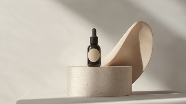 The bottle of Essence is on the pedistal. Lotion on a white background. Cosmetics for skin health. Aromo Oil. Serums with vitamin C. Unisex cosmetics. Mockup. 