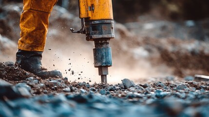 A close-up of a powerful rock-breaking hydraulic hammer in action.