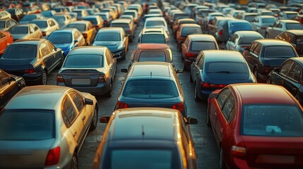 A bustling used car lot with rows of cars, showcasing a mix of modern and older models for sale.
