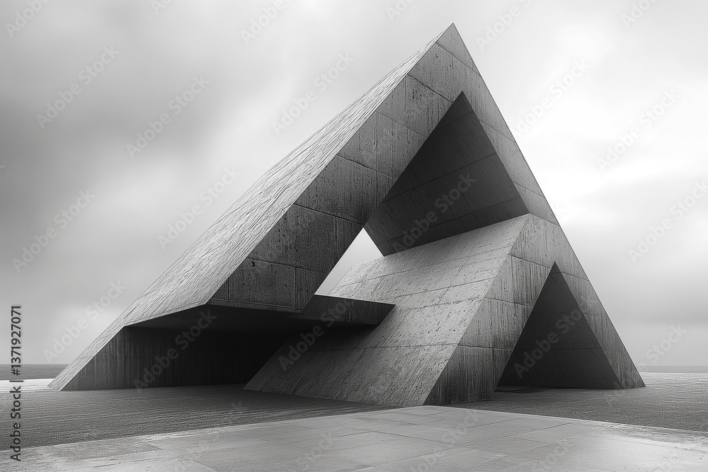 Poster an abstract concrete structure showcasing a unique geometric design in monochrome tones.