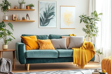 Modern and colorful interior of living room with design boucle sofa, mock up poster, shelf, plants, decorations and personal stuff. Home decor..