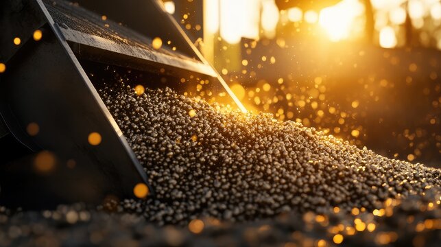 A close-up of iron ore pellets being processed in an industrial facility.
