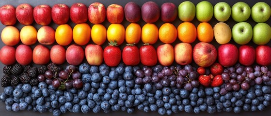 A vibrant array of colorful fruits neatly arranged. Apples, oranges, berries, and grapes showcased
