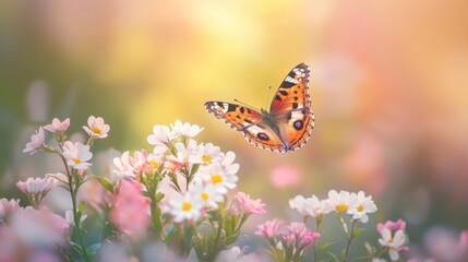 Obraz premium Blossom tree over nature background with butterfly. Spring flowers. Spring concept. Blurred background.