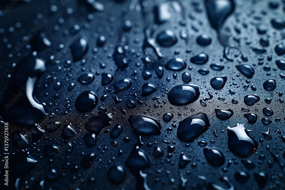Poster close-up of glistening water droplets on a dark surface, creating a captivating visual of texture an