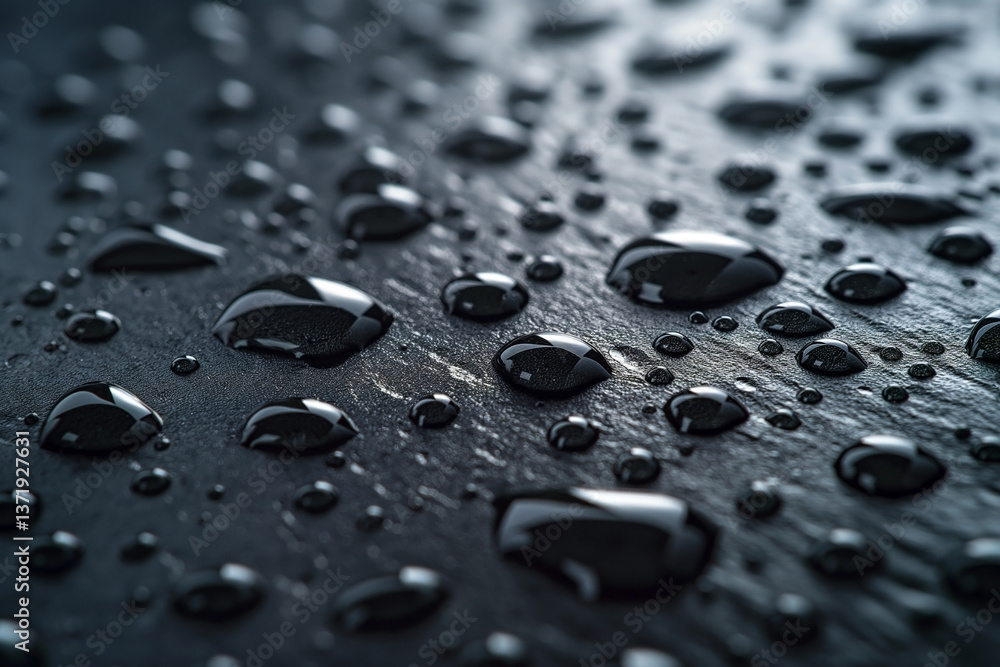 Poster close-up of shimmering water droplets on a dark, textured surface, creating a sense of depth and tra