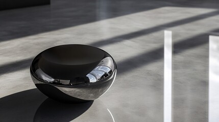 Polished sphere reflects sunlit studio